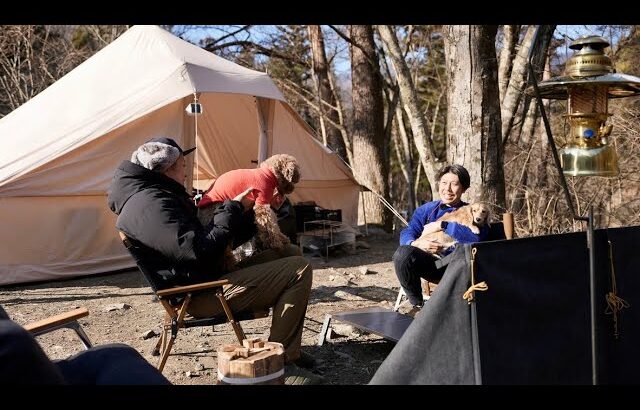 【冬キャンプ】ワンちゃんとテントでおこもりキャンプ🔥３台バッテリー比較紹介🏕斧が刺さらない薪割り台!?けあのえ家族