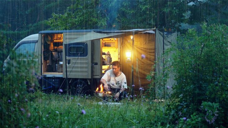 【車中泊キャンプ】大雨の高原で過ごすソロキャンプ  改装を終えた快適なパネルバン Relaxing nature ASMR　kei-truck mini truck