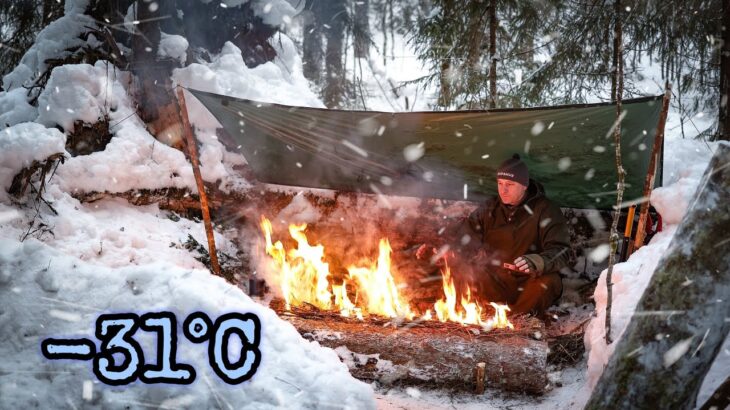 -31ºC Solo Camping in Survival Shelter from Poncho Tent During Storm – Long Fire – ASMR