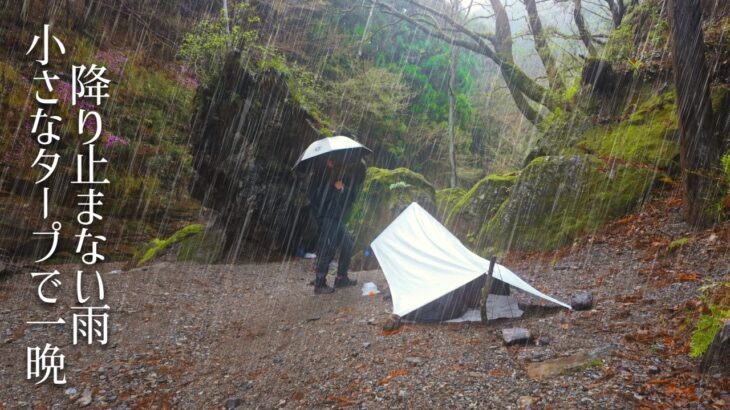 【徒歩キャンプ】降り止まない雨の中でハードなソロキャンプ。雨音と渓流の癒しに包まれた小さなタープ泊。